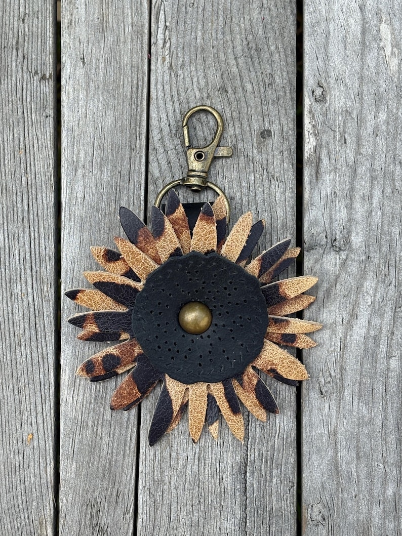 Leather Sunflower Bag Charm Double Layer Flower Purse Accessory image 5