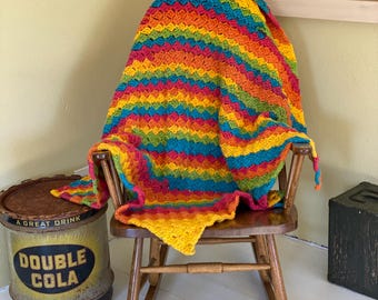 Hand Crocheted Acrylic Yarn Blanket Rainbow 50" x 50" Handmade Throw Afghan
