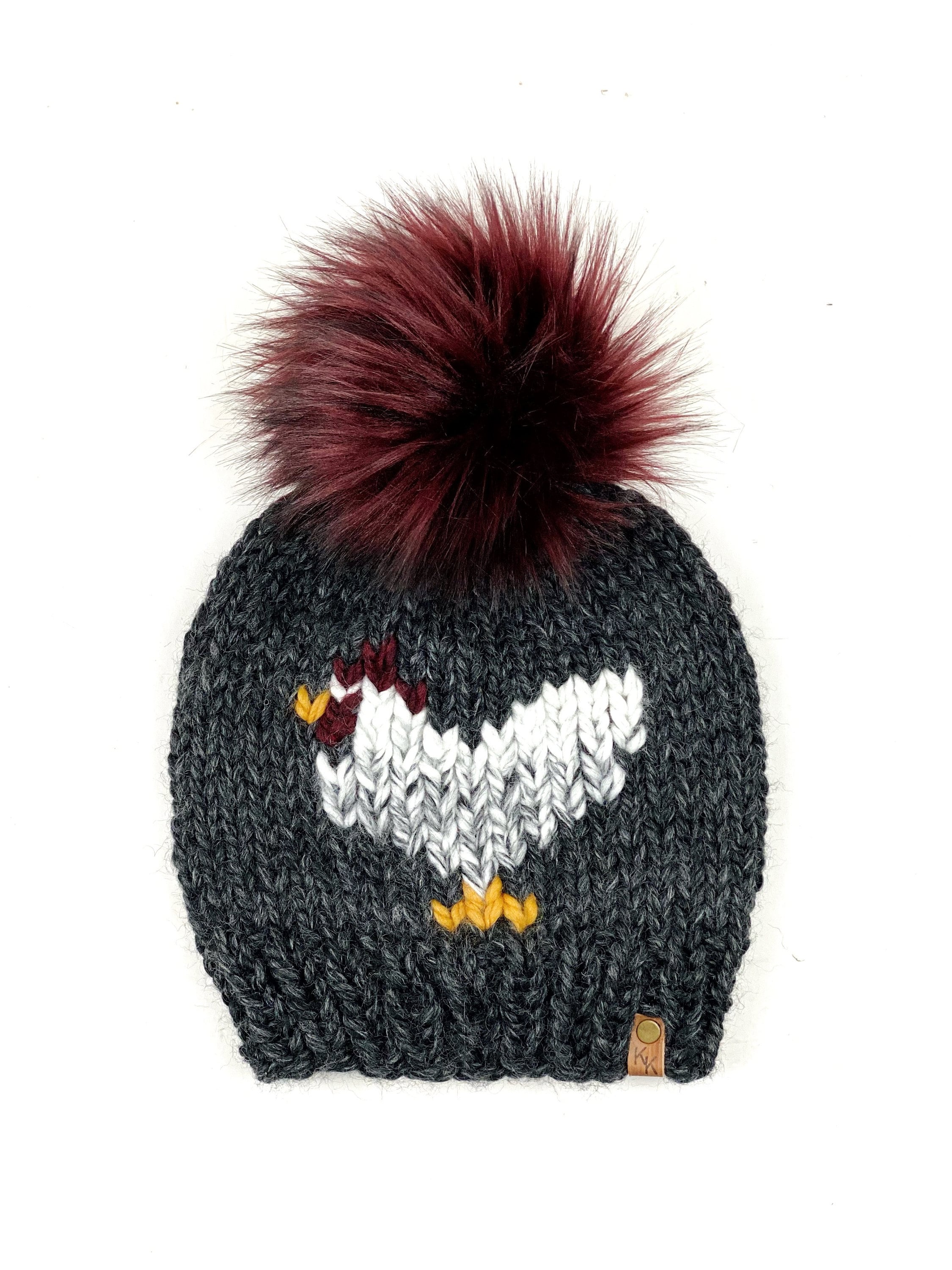 Knit Chicken Hat, Chicken Hat Charcoal Marble Beanie Wool Blend Womens  Adult Hat Faux Fur Pom Pom Hat - Etsy