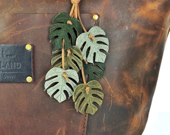 Cascading Monstera Leaves Leather Purse Tassel Bag Charm