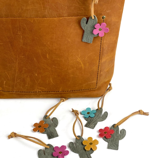Green Suede Cactus Flower Purse Charm Leather Tie on Bag Tote Embellishment