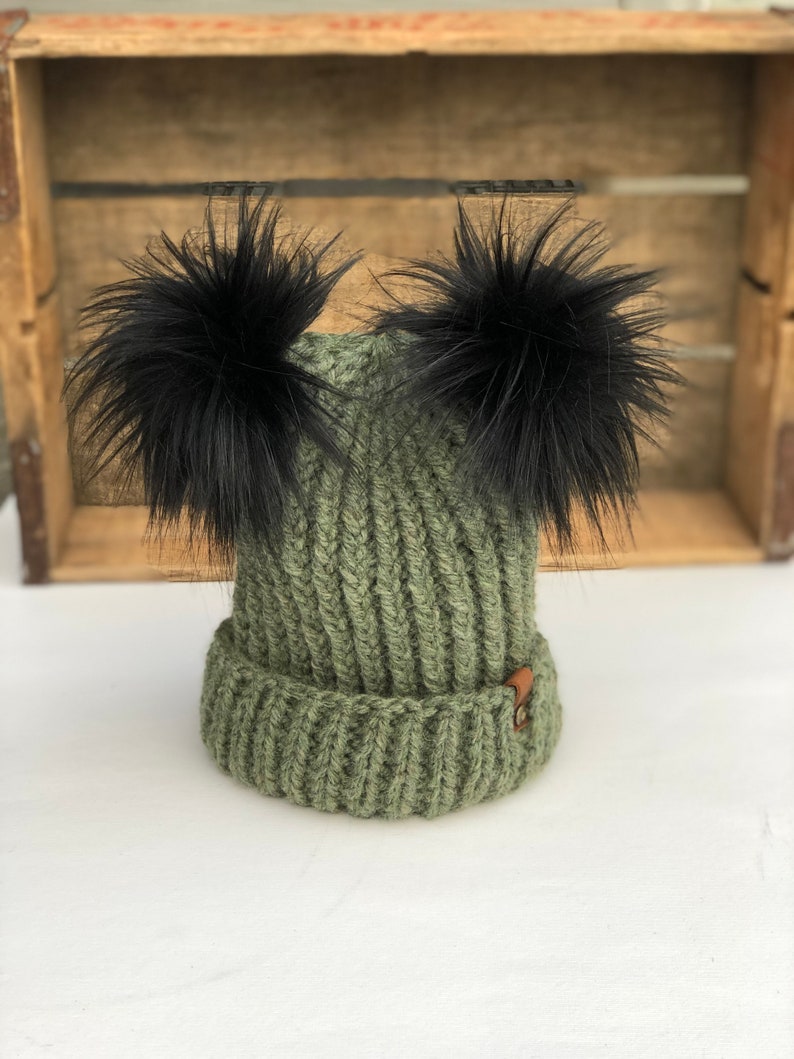 Willow Green First Frost Folded Brim Beanie Double Faux Fur Pom