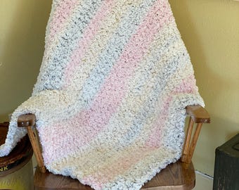 Handmade Crocheted Sherpa Throw Blanket Pink, Beige & Gray, 56x40