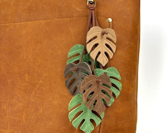 Cascading Monstera Leaves Leather Purse Tassel Bag Charm
