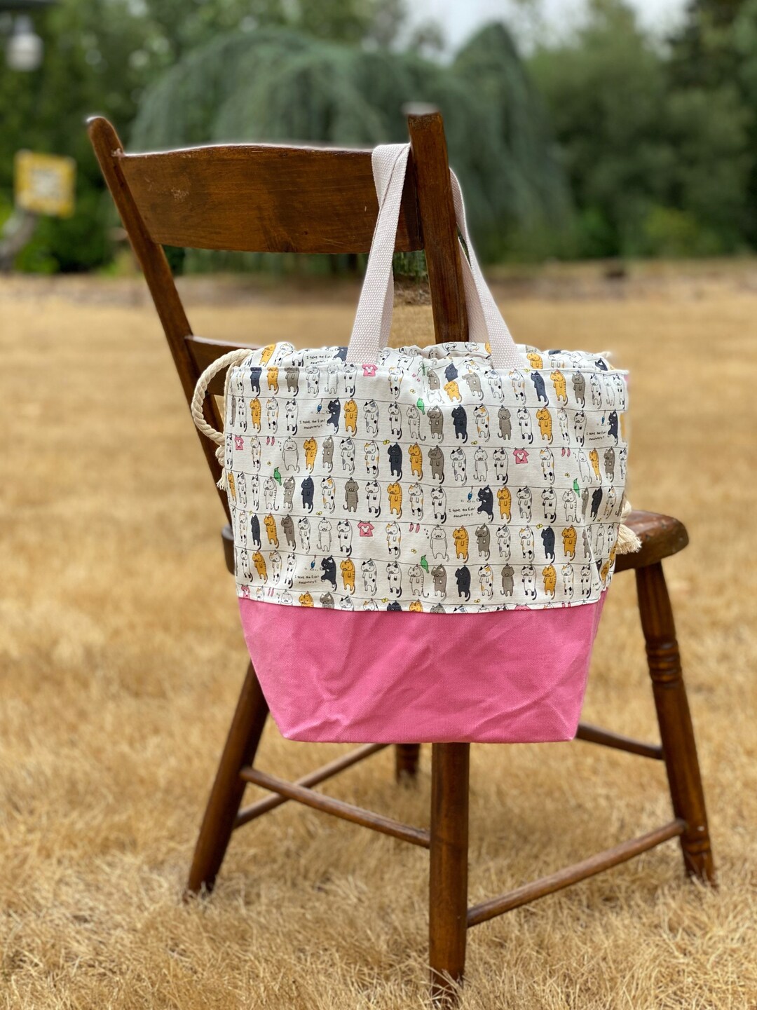 Clothesline Cats Waxed Canvas Project Bag, Whimsical Cats on a Clothes