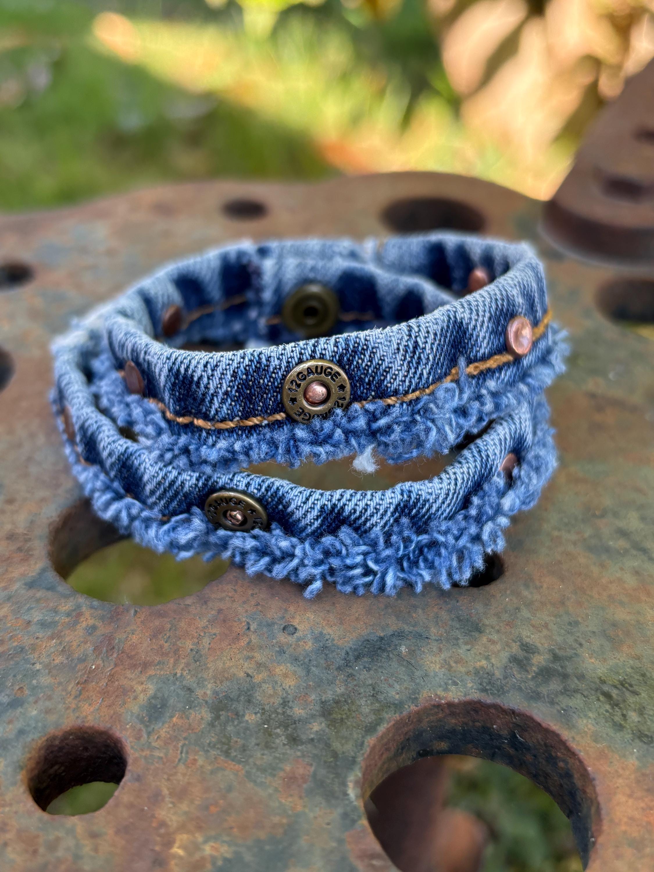 Upcycled Denim Seam Shotgun Shell Copper or Turquoise Rivets