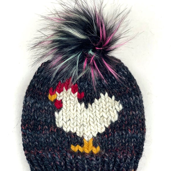 Knit Chicken Hat, Blackstone Chicken Beanie Wool Blend Womens Adult Hat Faux Fur Pom Hat