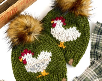 Knit Chicken Beanie Olive Green Wool Blend Hat with Faux Fur Pom