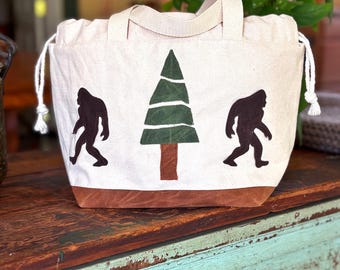 Bigfoot Applique Waxed and Natural Duck Canvas Project Bag Knitting Crochet Handmade for Knitters and Crocheters Sasquatch