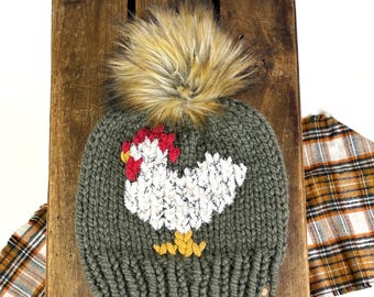 Chicken Beanie, Knit Chicken Lady Hat, Seaweed Wool Blend Beanie, Faux Fur Pom