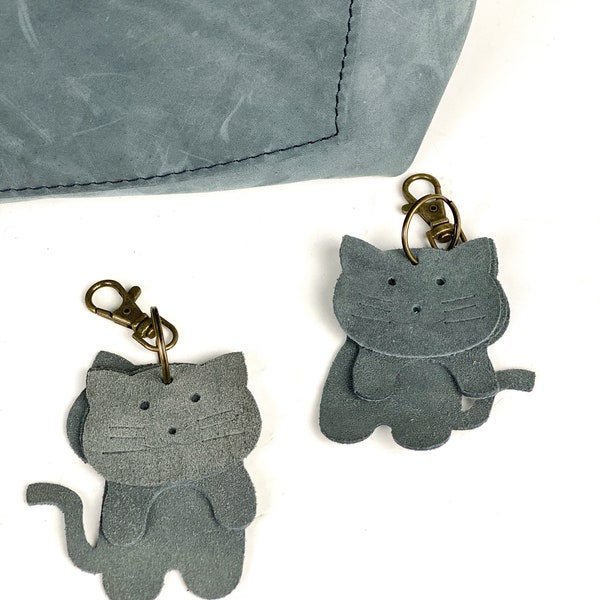 Suede Cat Keyring Purse Charm, Bag Clip on Cat Fob, Cute Cat Lovers Accessory