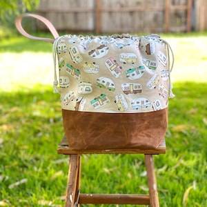 Vintage Campers on Saddle Waxed Canvas Project Bag, Project Bag for Knitters, Chicken Canvas Bag, Crochet Bag