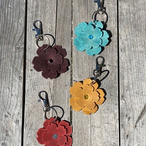 Leather Flower and Rhinestone Rivet Bag Purse Charm Keyring Lobster Clasp Split Ring