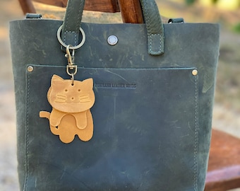 Leren kattensleutelhanger portemonnee bedel, tasclip aan kattenhanger, accessoire voor schattige kattenliefhebbers