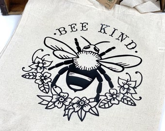 Bee Kind Cotton Tote Bag, Honey Bee Reusable Heat Transfer Vinyl Farmers Market Bag