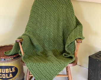 Handmade Grass Green Crocheted Blanket, Acrylic Wool Blend Afghan 50" x 50"