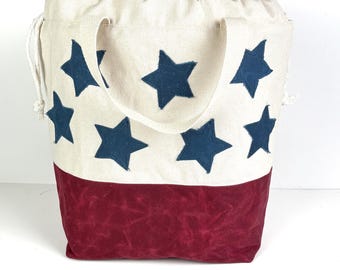 Patriotic Stars Waxed Canvas Project Bag: Knitting Crochet Drawstring Bag