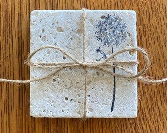 Travertine Tile Natural Tumbled Stone Ware Coasters Dandelion Set of Two or Four Coasters Beige/Ivory