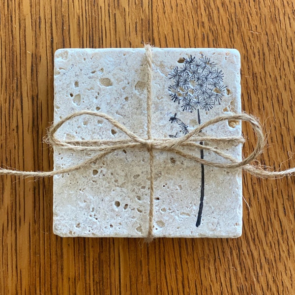 Travertine Tile Natural Tumbled Stone Ware Coasters Dandelion Set of Two or Four Coasters Beige/Ivory