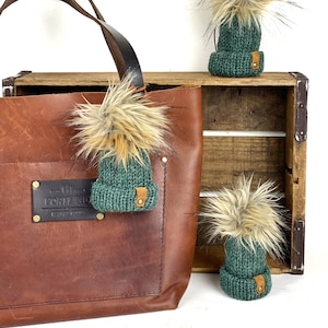 Green Wool Knit Tiny Hat Purse Charm with Faux Fur Pom