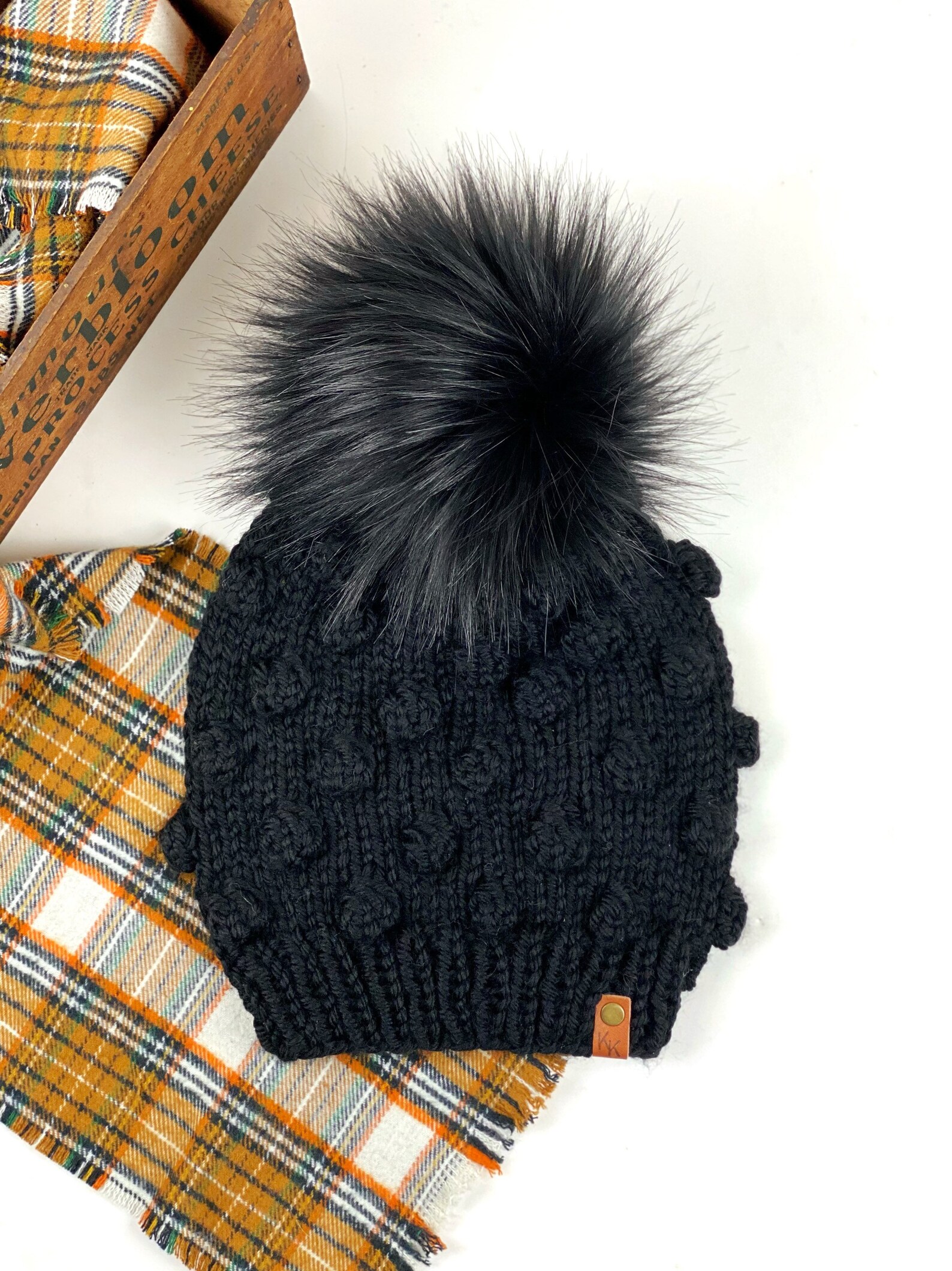 Black Bobble Beanie Womens Hand Knit Hat Acrylic Yarn ...
