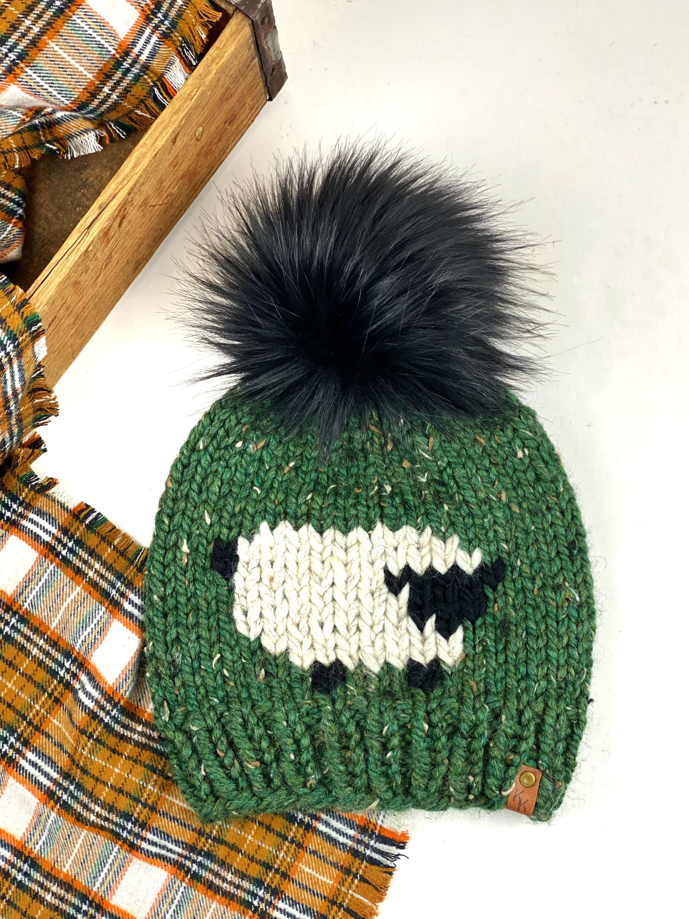 Knit Chicken or Sheep Hat, Striped Chicken Hat in Thaw and Glacier Beanie  Wool Blend Womens Adult Faux Fur Pom Hat 