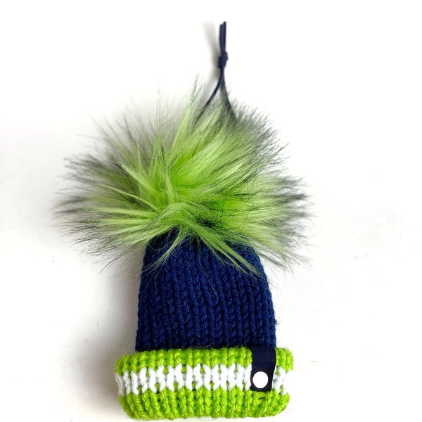 Tiny Seattle Blue and Green Knit Hat Purse Charm, Folded Brim Tiny Hat Ornaments, Seahawks Inspired Miniature Beanie Christmas Decor