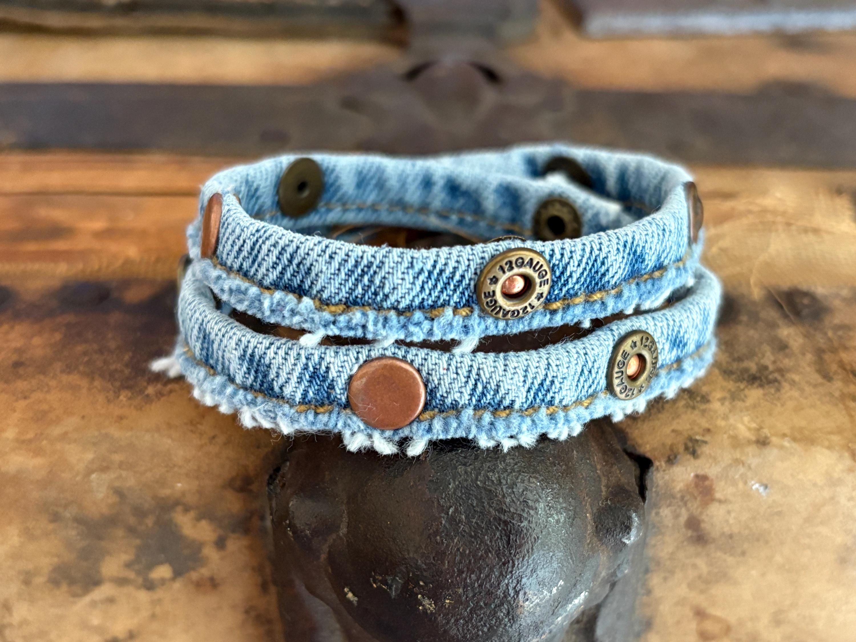 Upcycled Denim Seam Shotgun Shell Copper or Turquoise Rivets