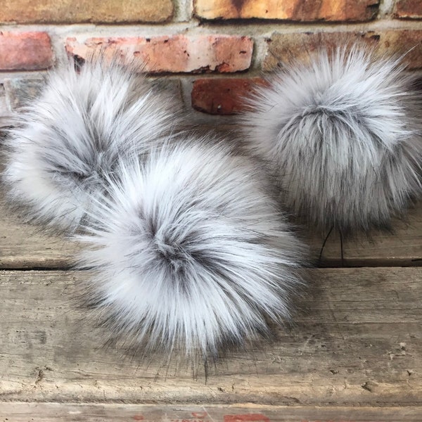 Faux Fur Pom Pom "Silver Fox" Poms for Knit Crochet Hats Beanies Handmade by Kitchen Klutter Ready to Ship