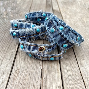 Upcycled Denim Seam Shotgun Shell Copper or Turquoise Rivets Bracelet Boho Chic Festival Style Authentically Handmade