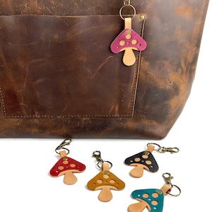 Shroomie Leather Mushroom Keyring Purse Charm, Bag Clip on Mushroom Fob, Cute Mushroom Lovers Accessory