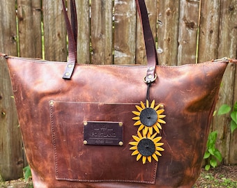 Leather Sunflower Tassel Bag Charm Flower Purse Accessory Handmade