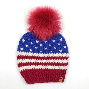 USA Knit Beanie, Stars and Stripes Knit Hat, Patriotic Hand Knit Beanie, Red White and Blue Beanie, Kitchen Klutter Beanie