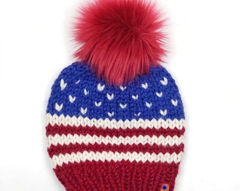 USA Knit Beanie, Stars and Stripes Knit Hat, Patriotic Hand Knit Beanie, Red White and Blue Beanie, Kitchen Klutter Beanie