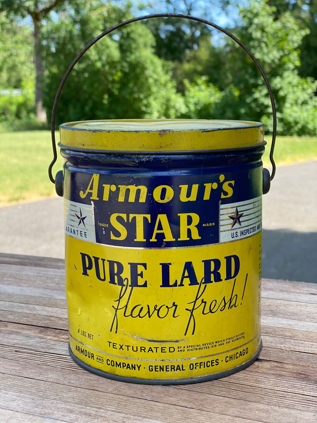 Armour's Star Pure Lard 4 Lb Tin With Wire Bail Handle Open Can With