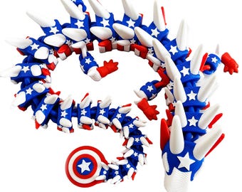 Patriotic Articulated Fantasy Creature | Red White Blue Flexi Figure | 3D Printed Poseable Desk Fidget | USA Gift