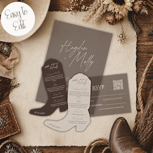 Può includere: Un set di inviti di nozze rustici con sfondo grigio e i nomi "Hayden & Molly" in elegante scrittura. Include biglietti di dettaglio a forma di stivale, un biglietto RSVP e un cappello. Il testo "Easy to Edit" è in un cerchio bianco.