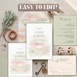 Può includere: Un set di partecipazioni di nozze con un design ad acquerello di un paesaggio desertico. Include inviti, biglietti RSVP e biglietti di dettaglio. La tavolozza dei colori presenta rosa tenui, verdi e tonalità beige. Il testo recita "Maxine & Henry".