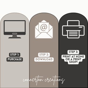 May include: A three-step guide is shown. Step 1 features a computer monitor and the word "PURCHASE". Step 2 shows an envelope with an at symbol and the word "DOWNLOAD". Step 3 displays a printer with the text "PRINT AT HOME OR A PRINT SHOP!"
