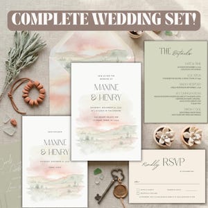 Può includere: Set completo di partecipazioni di nozze con inviti, biglietti RSVP e biglietti di dettaglio. Il design include illustrazioni ad acquerello di un paesaggio desertico in morbide tonalità rosa, verde e beige. Include un biglietto di salvataggio, una busta ed elementi decorativi.