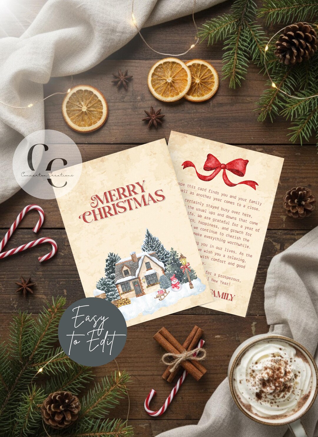 Vintage Christmas Card Template, Personal Message, Old Fashioned Rustic