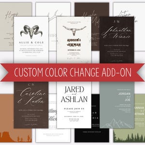 May include: A collection of rectangular wedding invitation cards featuring various designs including a ram skull, longhorn skull, mountain silhouettes, and forest landscapes with elegant typography and a red banner reading CUSTOM COLOR CHANGE ADD-ON.