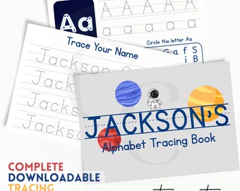 Custom Name Workbook, Personalized Alphabet Tracing Book, Boys Space Pre-K Handwriting Practice, Printable Preschool, Digital Download,PDF