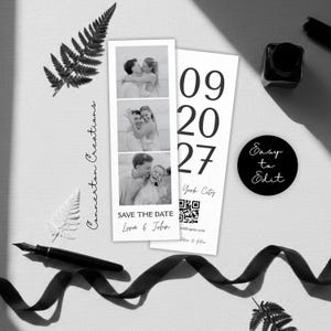 May include: Black and white save-the-date cards with three photos of a couple. The cards have the date "09-20-27" and the text "Save the Date" with names. A black ink bottle, pen, and ribbon are also in the image.
