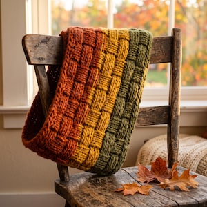 May include: A chunky knit infinity scarf featuring a basketweave pattern in a gradient of burnt orange, mustard yellow, and olive green yarn. The scarf is draped over the back of a rustic wooden chair with two dried maple leaves on the seat.