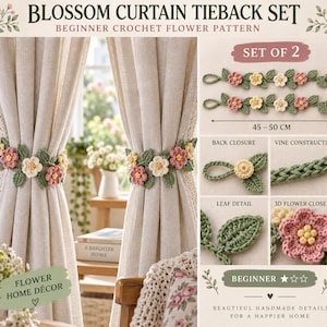 May include: A set of two crochet curtain tiebacks featuring pink, yellow, and white flowers with green leaves. The set measures 45-50 cm in length. The design includes a back closure, vine construction, and detailed 3D flower and leaf elements.