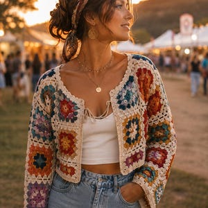 Crochet Granny Square Crop Cardigan Pattern PDF | Boho Patchwork Festival Jacket | Easy Beginner Summer Cardigan S–2XL | Instant Download