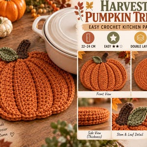 Puede incluir: Un patrón de crochet para salvamanteles de calabaza de doble capa en color naranja con tallo marrón y hoja verde. El gráfico muestra vistas frontal, trasera y lateral, un primer plano del punto elástico y mide 22-24 cm.