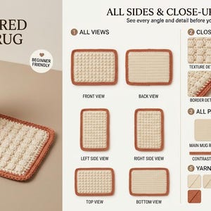 May include: A rectangular crochet mug rug featuring a cream-colored textured center with a terracotta border. The image includes instructional diagrams showing front, back, and side views, close-up stitch details, and a list of required materials.