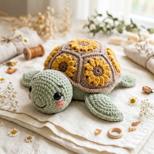 Op de afbeelding: Een gehaakt schildpad knuffeltje met een lichtgroene kop en lichaam, voorzien van grote zwarte ogen en roze wangen. Het schild is opgebouwd uit meerdere bruine en gele zonnebloemvormige haakmotieven, wat zorgt voor een textuurrijk, bloemig patroon.